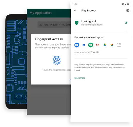 Captura de pantalla mostrando la configuración de la aplicación Play Protecte, Detrás una captura de pantalla mostrando un aviso que solicita la huella de un usuario. Detrás un celular Android mostrando una placa de circuitos como fondo de pantalla